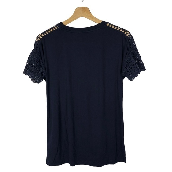Charming Charlie Navy Blue Lace Shoulder Short Sleeve Blouse S - Picture 2 of 3